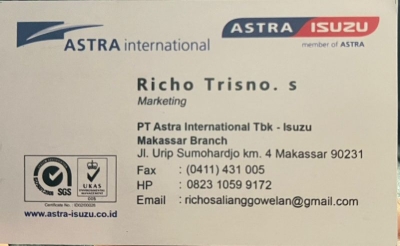 kartu nama richo trisno s astra isuzu makassar