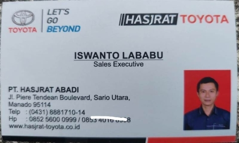 kartu nama iswanto lababu hasjrat toyota manado